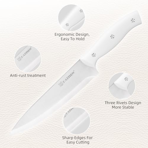 KATISUN 15-Piece White Kitchen Knife Set with Built-in Sharpening Stone, Ergonomic Triple Rivet Fixed Handles, Dishwasher Safe - Image 4