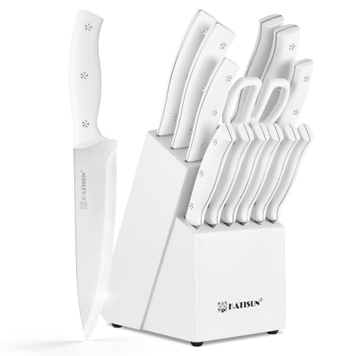 KATISUN 15-Piece White Kitchen Knife Set with Built-in Sharpening Stone, Ergonomic Triple Rivet Fixed Handles, Dishwasher Safe - Image 1