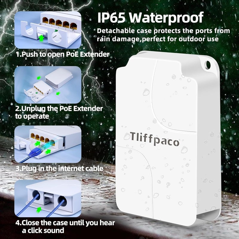Tliffpaco Outdoor Gigabit PoE Extender 1 in 4 Out, 5 Port PoE Repeater IP65 Waterproof, Vlan, IEEE802.3af/at/bt Extend Additional 100m(328ft), 10/100/1000Mbps, Wall Mount Plug and Play - Image 4