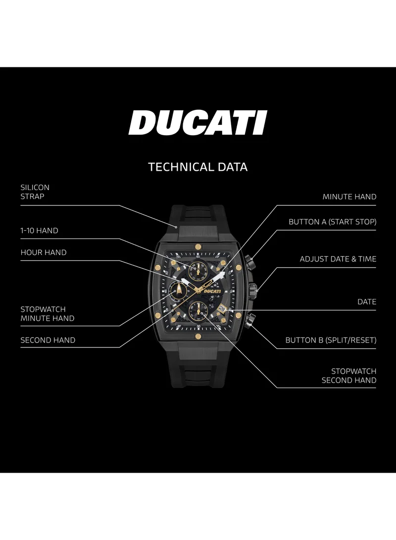 Ducati Ducati DT008 Gents Chronograph Watch – Gun Dial, Screw-Detail Case, 40mm Silicone Strap, Multi-Layered Design, Water Resistant 50M, Bold & Rugged