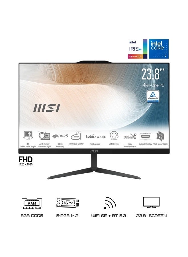 إم اس أي MSI Modern AM242 كمبيوتر مكتبي كُلّ في واحد، شاشة 23.8 بوصة FHD IPS، معالج Intel Core 5-120U، 8GB DDR5، 512GB NVMe SSD، رسومات Intel® Iris® Xe، WiFi 6E، - كاميرا ويب ومكبرات صوت مدمجة، DOS - أسود - Image 1