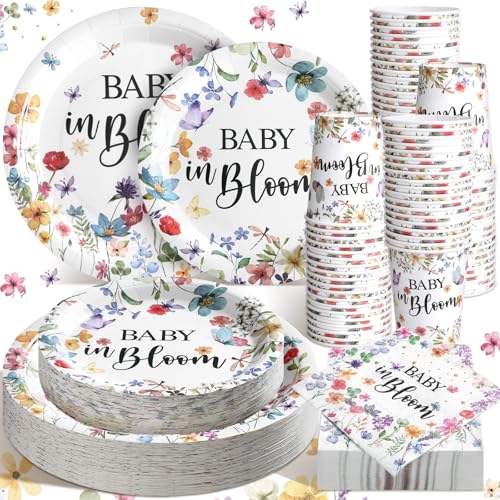 Hsei 250 Pcs Baby in Bloom Baby Shower Decorations Wildflower Plates and Napkins Set Floral Party Tableware Set for 50 Guests Floral Disposable Plates Napkins Cups for Birthday Party Supplies - Image 1