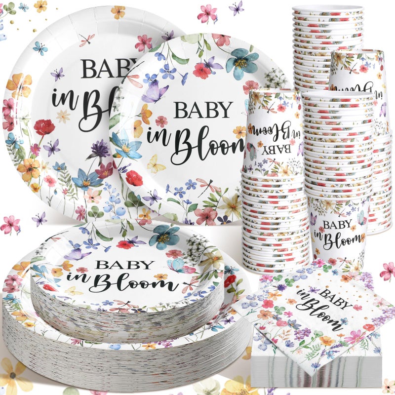 Hsei 250 Pcs Baby in Bloom Baby Shower Decorations Wildflower Plates and Napkins Set Floral Party Tableware Set for 50 Guests Floral Disposable Plates Napkins Cups for Birthday Party Supplies - Image 2