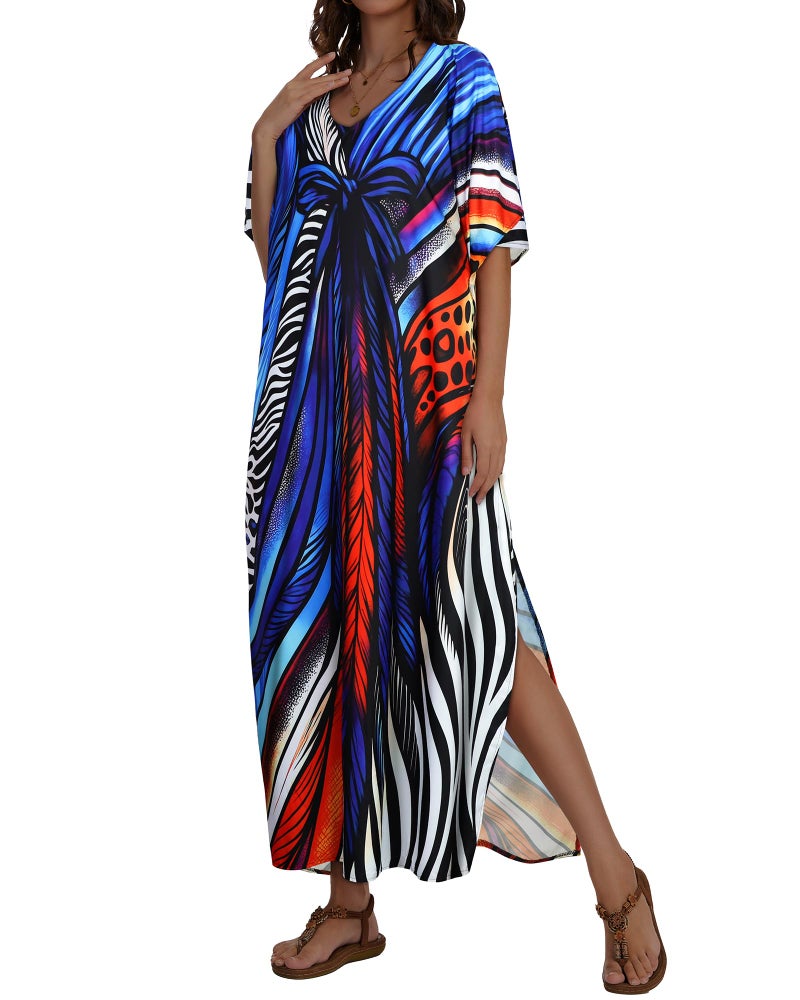 JILUVIN Kaftan Dresses for Women Plus Size V Neck Caftan Long Batwing Sleeve Swimsuit Cover Up Beach Swimwear (Blue Bowknot,One Size) - Image 5