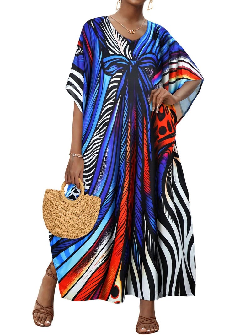 JILUVIN Kaftan Dresses for Women Plus Size V Neck Caftan Long Batwing Sleeve Swimsuit Cover Up Beach Swimwear (Blue Bowknot,One Size) - Image 1