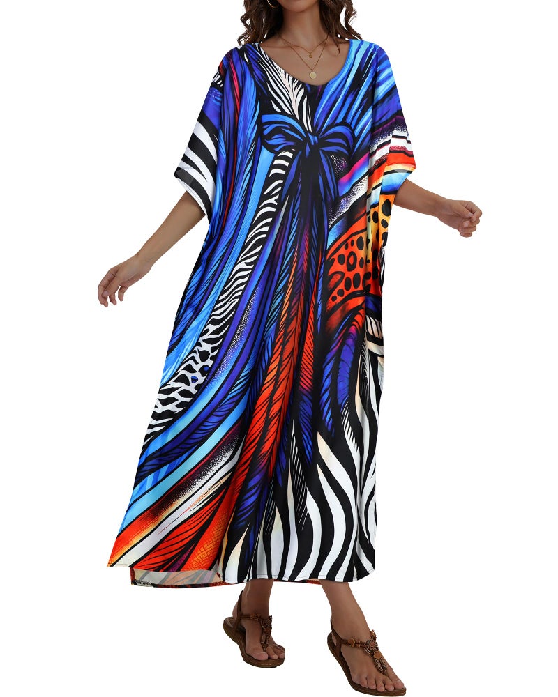 JILUVIN Kaftan Dresses for Women Plus Size V Neck Caftan Long Batwing Sleeve Swimsuit Cover Up Beach Swimwear (Blue Bowknot,One Size) - Image 4