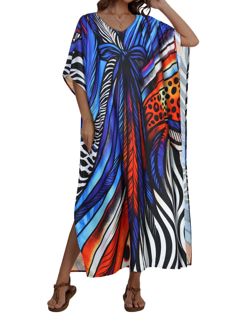 JILUVIN Kaftan Dresses for Women Plus Size V Neck Caftan Long Batwing Sleeve Swimsuit Cover Up Beach Swimwear (Blue Bowknot,One Size) - Image 2