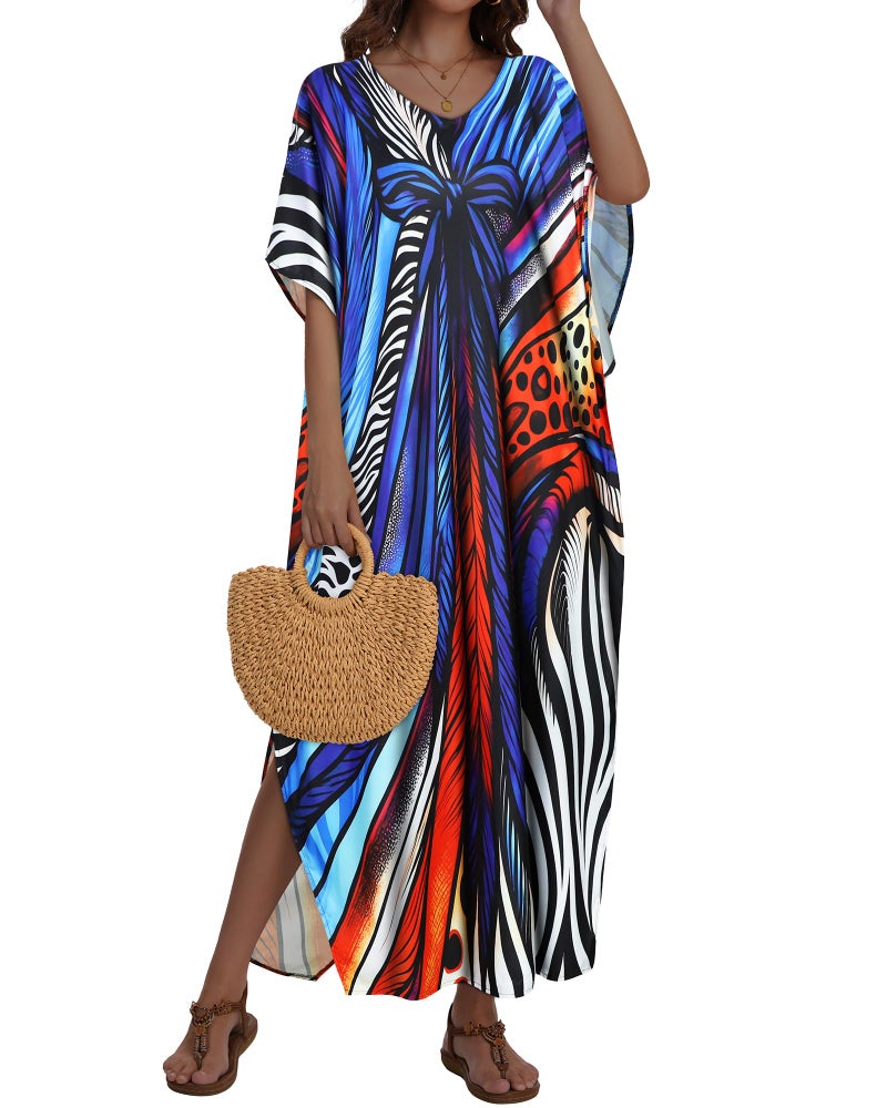 JILUVIN Kaftan Dresses for Women Plus Size V Neck Caftan Long Batwing Sleeve Swimsuit Cover Up Beach Swimwear (Blue Bowknot,One Size) - Image 3