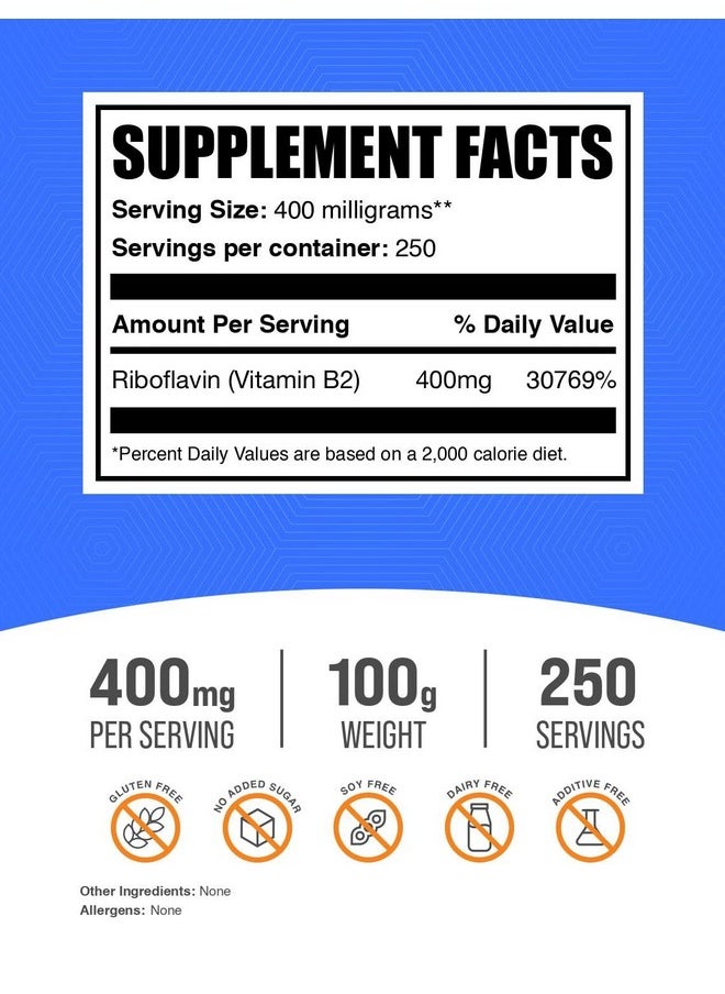بالك سابلمنتس مسحوق الريبوفلافين من BulkSupplements.com - كفيتامين ب2، مكمل فيتامين ب2 - ريبوفلافين 400 مجم، فيتامينات ب للصحة، خالٍ من الجلوتين، 400 مجم لكل وجبة، 100 جرام (3.5 أونصة) (عبوة من قطعة واحدة)  - Image 2