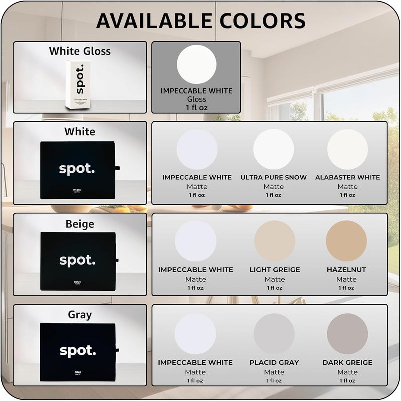 spot مجموعة إصلاح طلاء اللمسات النهائية للبقع والخدوش والشقوق على الجدران الجافة والخرسانة والمعادن والطوب والألياف الزجاجية والمركبات اللامينية والأسطح المطلية الموجودة، لامع أبيض، 1 أونصة سائلة - Image 5