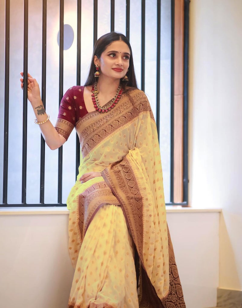 Satrani Women's Silk Weaving Banarasi Saree with Unstitched Blouse Piece (4507S107N_Cream & Maroon) - Image 4