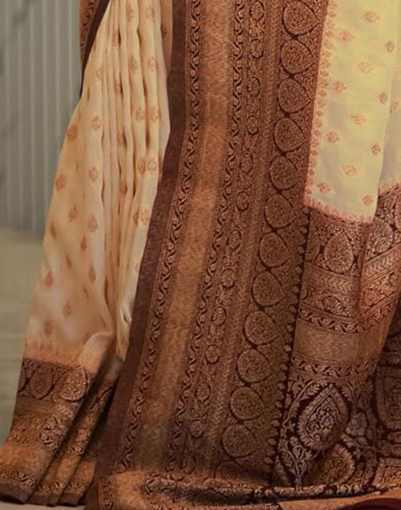 Satrani Women's Silk Weaving Banarasi Saree with Unstitched Blouse Piece (4507S107N_Cream & Maroon) - Image 5