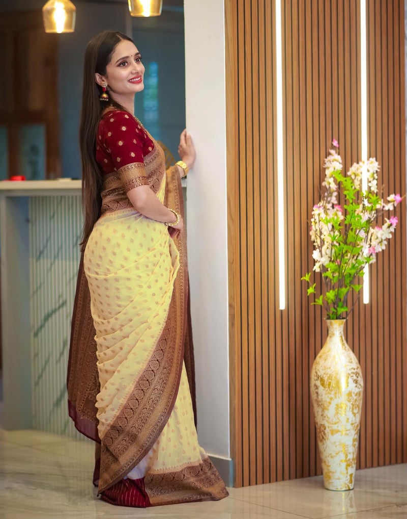Satrani Women's Silk Weaving Banarasi Saree with Unstitched Blouse Piece (4507S107N_Cream & Maroon) - Image 2