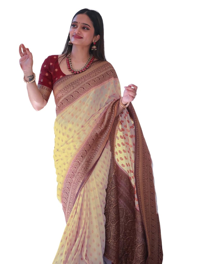 Satrani Women's Silk Weaving Banarasi Saree with Unstitched Blouse Piece (4507S107N_Cream & Maroon) - Image 1