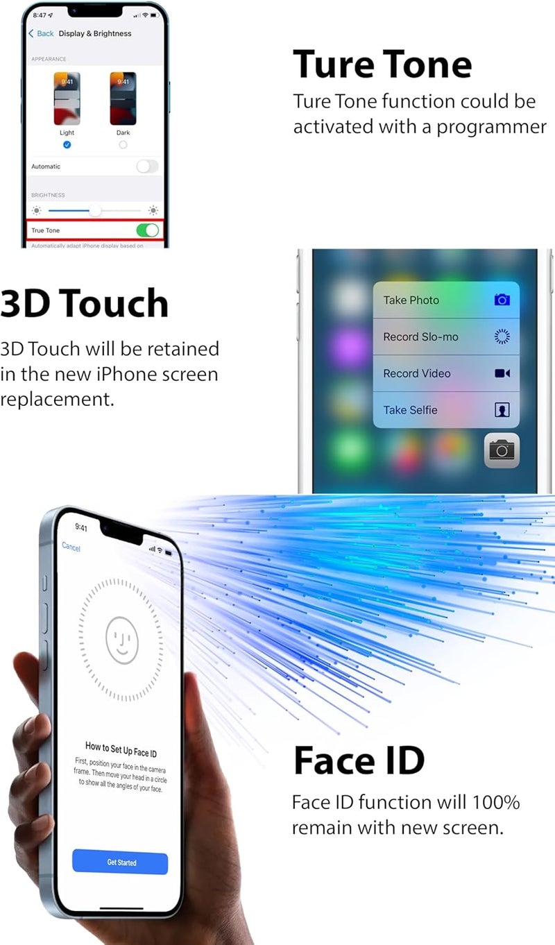 Ayake Store for iPhone 12/12 Pro Screen Replacement, 6.1 inch FHD LCD Display and Touch Digitizer Screen, True Tone Programmable, Face ID Remains (for A2172, A2402, A2404 A2403, A2341, A2406, A2408, A2407) - Image 3