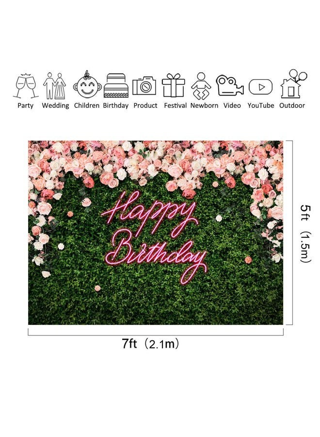 Riyidecor Happy Birthday Backdrop for Women Neon Flower Wall Pink Rose Green Leaves Floral Blossom Botanical Plant Nature 7Wx5H Feet Girls Photography Background Birthday Photo Studio Shoot Fabric - Image 3