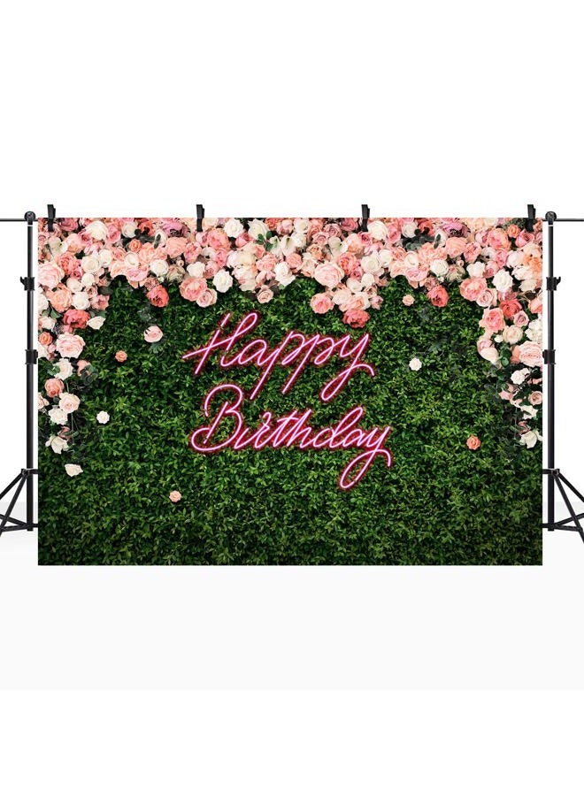 Riyidecor Happy Birthday Backdrop for Women Neon Flower Wall Pink Rose Green Leaves Floral Blossom Botanical Plant Nature 7Wx5H Feet Girls Photography Background Birthday Photo Studio Shoot Fabric - Image 2