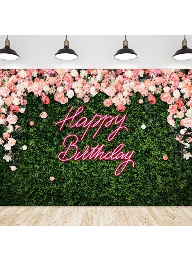 Riyidecor Happy Birthday Backdrop for Women Neon Flower Wall Pink Rose Green Leaves Floral Blossom Botanical Plant Nature 7Wx5H Feet Girls Photography Background Birthday Photo Studio Shoot Fabric - Image 1
