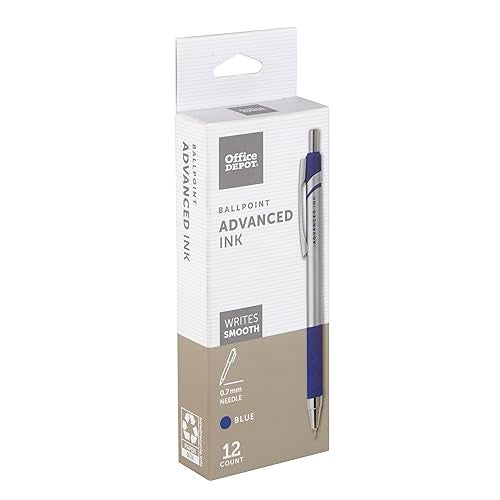 Office Depot Advanced Ink Retractable Ballpoint Pens, Needle Point, 0.7 mm, Silver Barrel, Blue Ink, Pack Of 12 - Image 4
