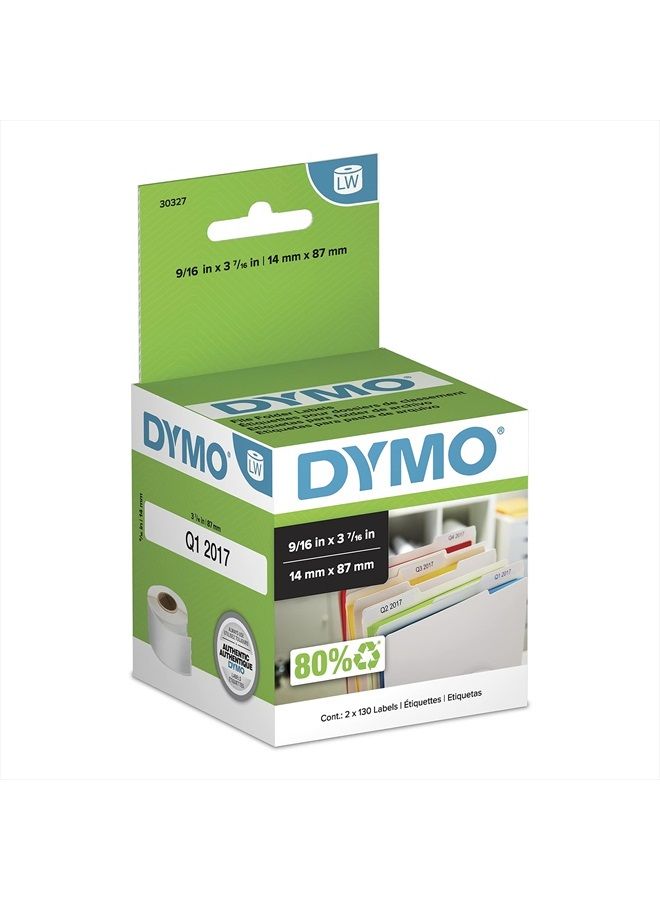 Dymo Authentic LabelWriter 1-Up File Folder Labels for LabelWriter Label Printers, White, 9/16'' x 3-7/16'', 2 Rolls of 130 - Image 1