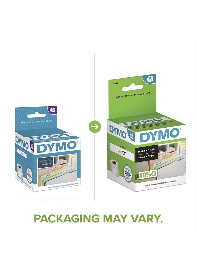 Dymo Authentic LabelWriter 1-Up File Folder Labels for LabelWriter Label Printers, White, 9/16'' x 3-7/16'', 2 Rolls of 130 - Image 2