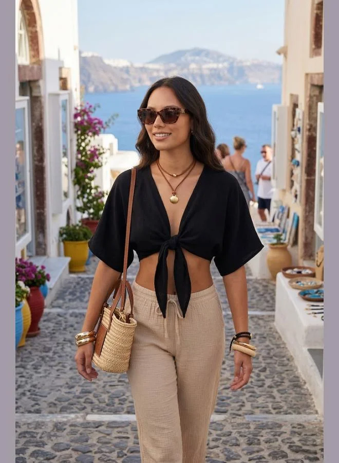 ليلا Lela Cotton Comfort Fit Tie-Up Batwing Sleeve Bolero Women's BOLERO 5866354