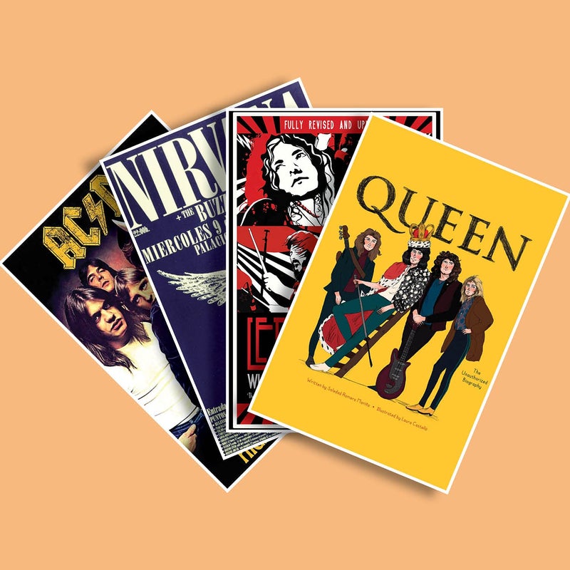 IMPOSTER IMPOSTER Set of 4 Rock Band Posters Led Zeppelin Queen Nirvana ACDC 300GSM Paper No Frame No Sticker 12x18 inches Large multicolor 
