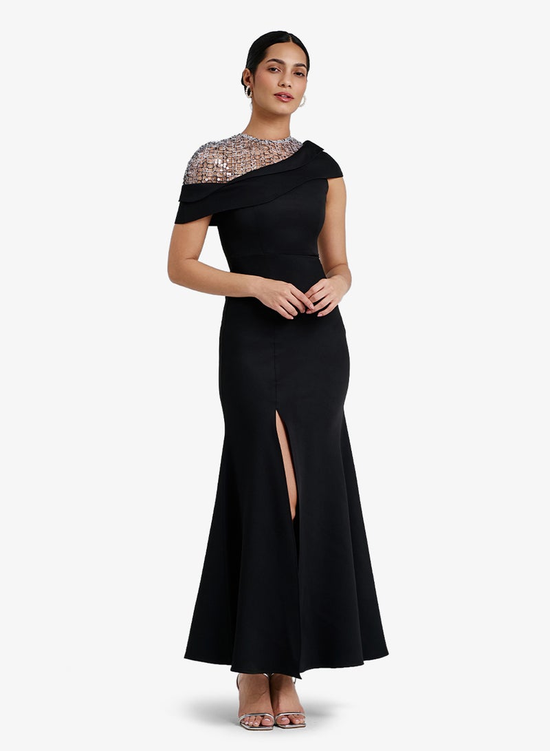 CHASE Asymmetric Embellished Neckline Front Slit Maxi Dress - Image 1