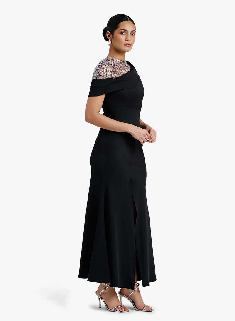CHASE  Asymmetric Embellished Neckline Front Slit Maxi Dress for Women | Best Price UAE