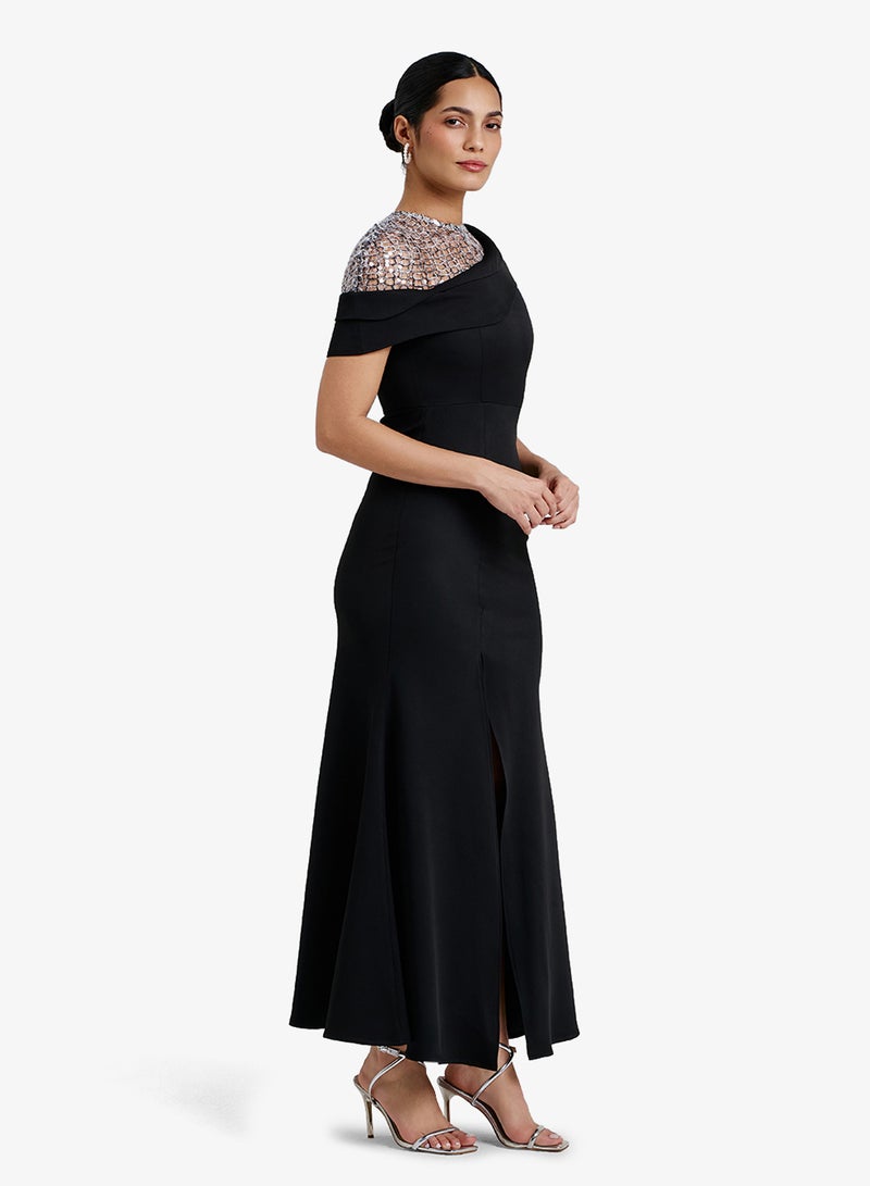 CHASE Asymmetric Embellished Neckline Front Slit Maxi Dress - Image 4