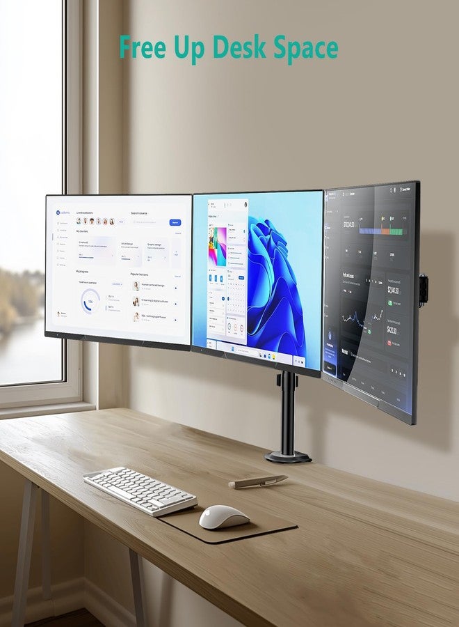 WALI Triple Monitor Mount, Heavy Duty Triple Monitors Stand for 13-27 inch Screens, Adjustable 3 Monitor Desk Mount with Swivel, Tilt, Rotation, Clamp & Grommet Base Kit (M003SN), Black - Image 3