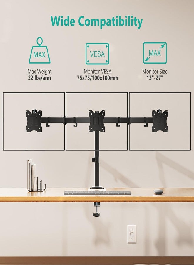 WALI Triple Monitor Mount, Heavy Duty Triple Monitors Stand for 13-27 inch Screens, Adjustable 3 Monitor Desk Mount with Swivel, Tilt, Rotation, Clamp & Grommet Base Kit (M003SN), Black - Image 2
