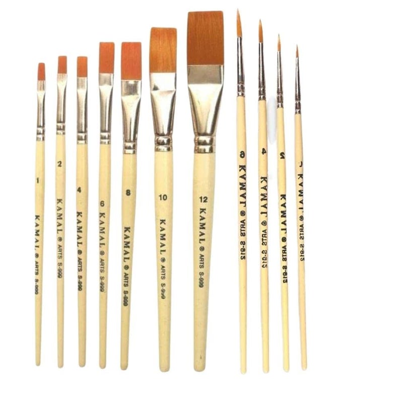 KAMAL® Artist Quality Paint Brush Combo of Golden TAKLON Hair Flat Set of 7, Round Set of 4 Creme Handle - Image 1