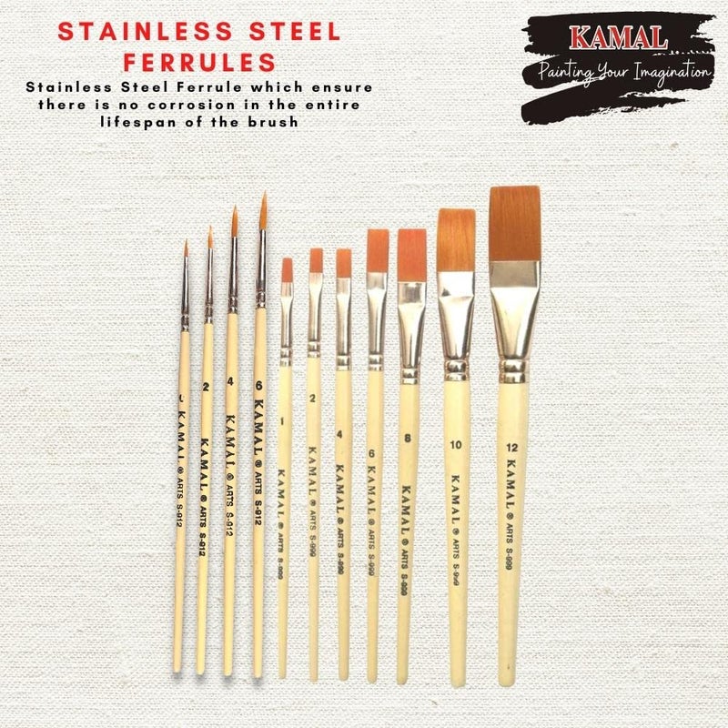 KAMAL® Artist Quality Paint Brush Combo of Golden TAKLON Hair Flat Set of 7, Round Set of 4 Creme Handle - Image 4