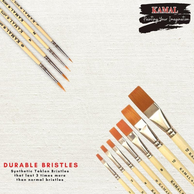 KAMAL® Artist Quality Paint Brush Combo of Golden TAKLON Hair Flat Set of 7, Round Set of 4 Creme Handle - Image 3