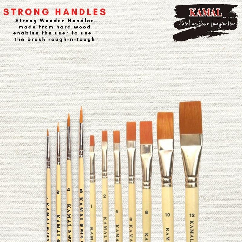 KAMAL® Artist Quality Paint Brush Combo of Golden TAKLON Hair Flat Set of 7, Round Set of 4 Creme Handle - Image 2