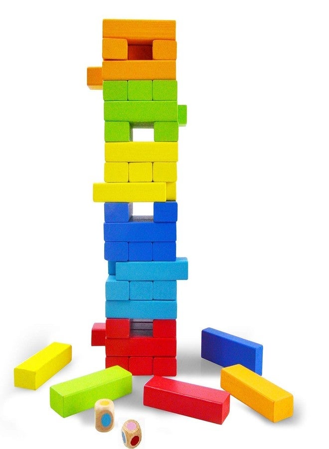 SHIPEASE 51 Pcs Wooden Blocks with 4 Dices Stacking Toys Educational Puzzle Challenging Maths Game Tumbling Tower Game or Kids and Adults (Color) - Image 1