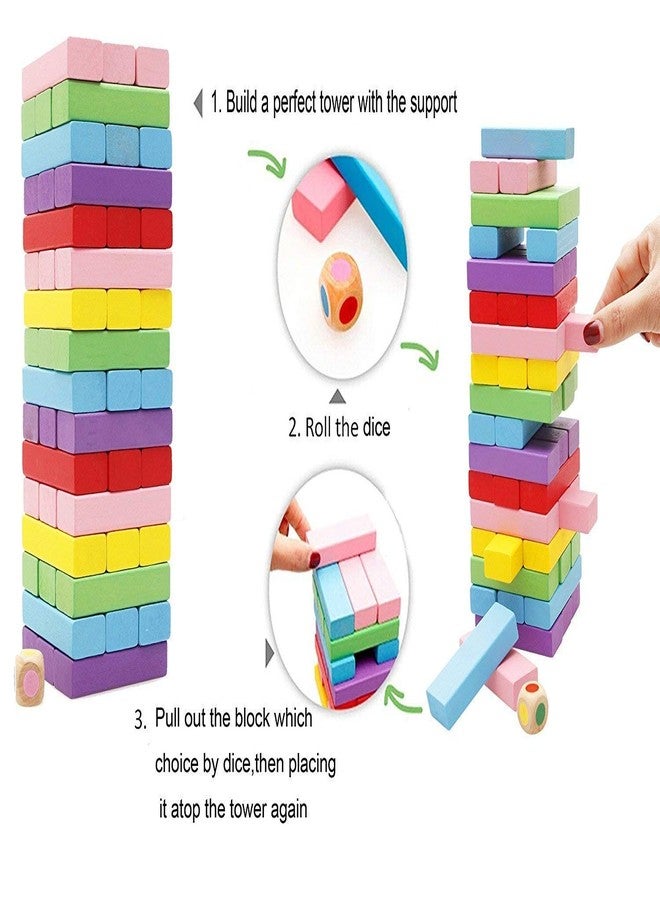 SHIPEASE 51 Pcs Wooden Blocks with 4 Dices Stacking Toys Educational Puzzle Challenging Maths Game Tumbling Tower Game or Kids and Adults (Color) - Image 2