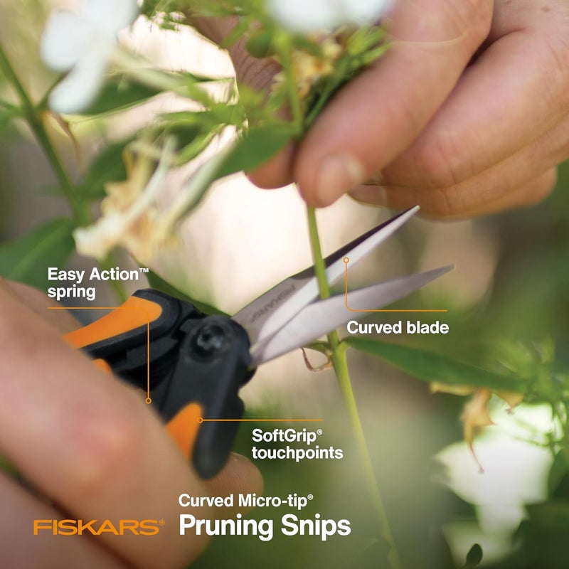 Fiskars Curved Micro-Tip Pruning Snips - 6" Garden Shears with Sheath and SoftGrip Handle - Yard and Garden Tools - Orange/Black - Image 2