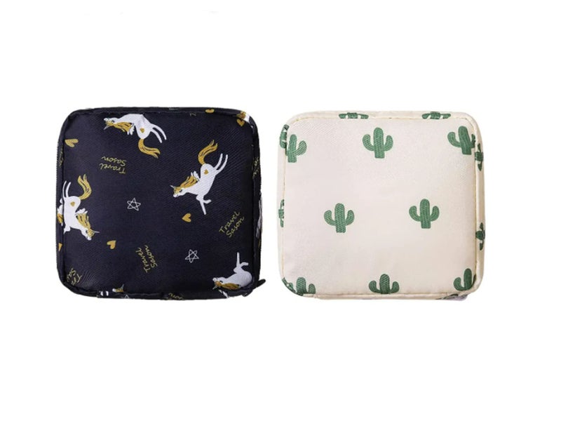 2PCS Sanitary Napkin Storage Bag, Zipper Menstrual Pad Bag Portable Sanitary Napkin Storage Tampons Holder for Purse First Period Kit for Teen Girls Store Sanitary Pads for Women (Cactus+Unicorn)