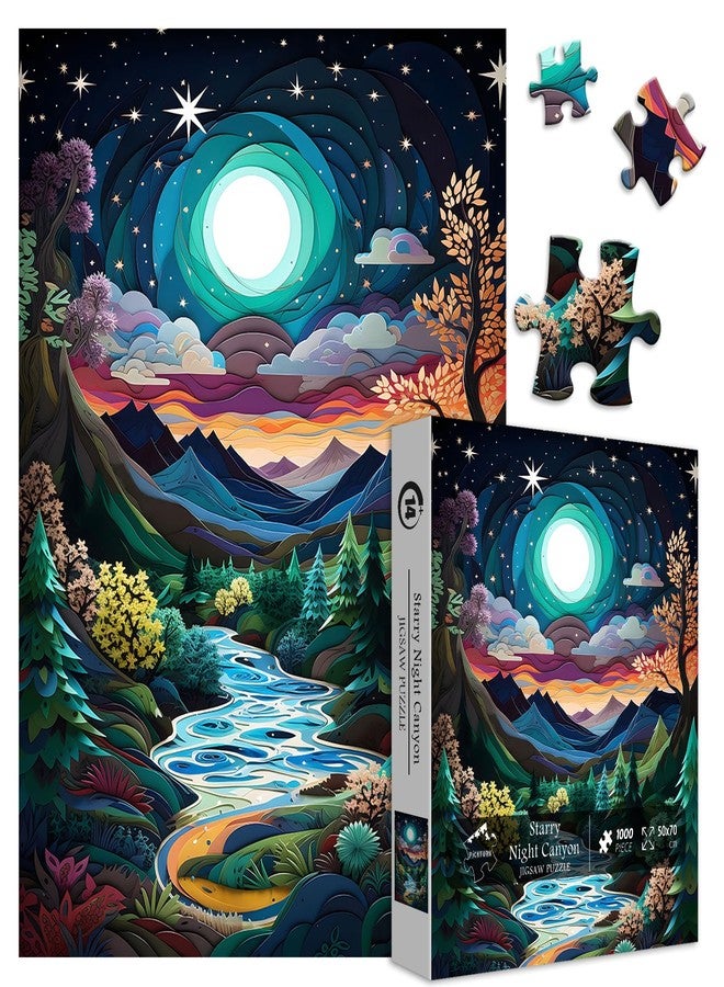 PICKFORU Puzzles for Adults 1000 Piece, Nature Unique Mountain Starry Night Puzzles, Paper Cut Art Landscape Puzzle, Colorful Challenging Jigsaw Puzzles Scenery - Image 2
