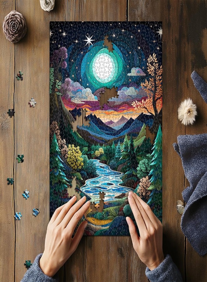 PICKFORU Puzzles for Adults 1000 Piece, Nature Unique Mountain Starry Night Puzzles, Paper Cut Art Landscape Puzzle, Colorful Challenging Jigsaw Puzzles Scenery - Image 4