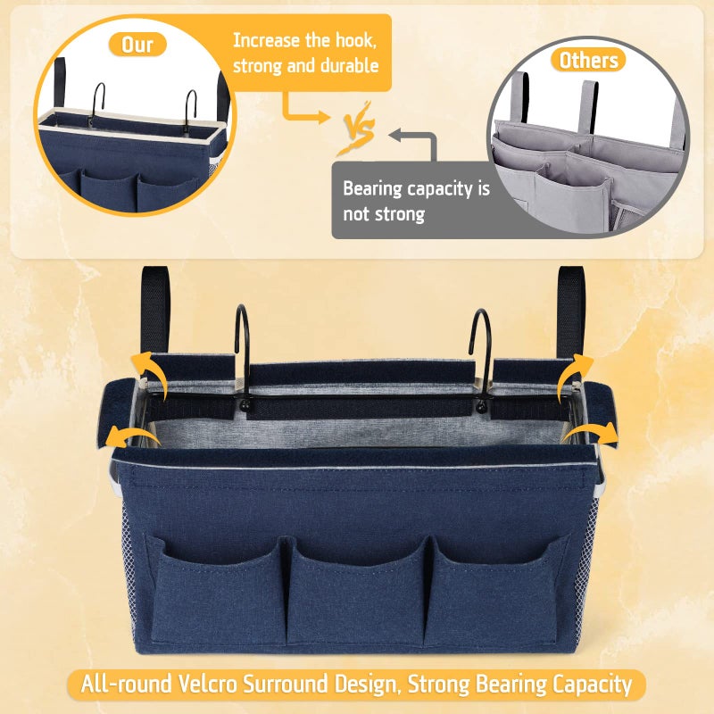Lilithye Bedside Caddy Bedside Organizer Bedside Storage Caddy With Fixed Straps And Water Bottle Holder For Home College Dorm Bunk Bed Hospital Bed Crib Bed Rails (Navy Blue) - Image 5