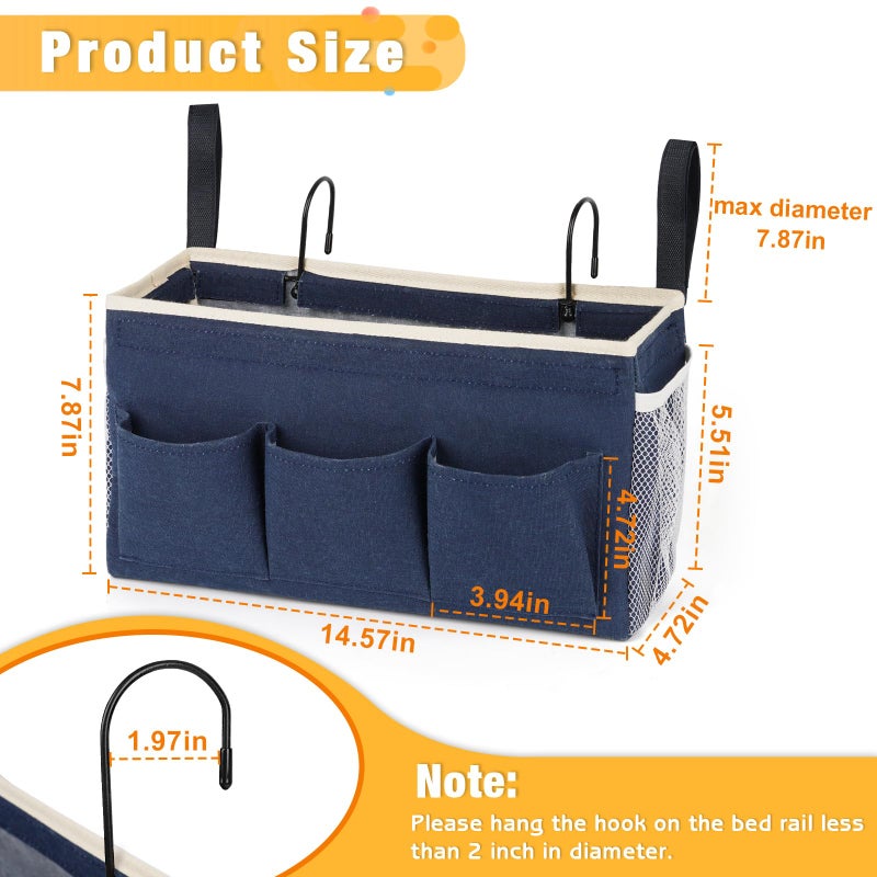 Lilithye Bedside Caddy Bedside Organizer Bedside Storage Caddy With Fixed Straps And Water Bottle Holder For Home College Dorm Bunk Bed Hospital Bed Crib Bed Rails (Navy Blue) - Image 3