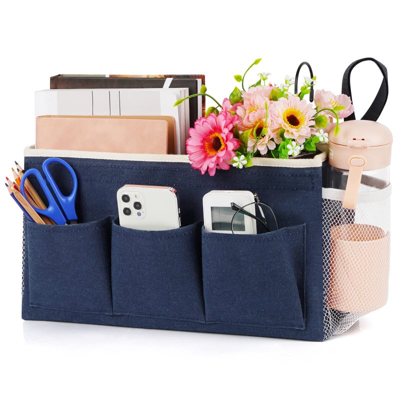 Lilithye Bedside Caddy Bedside Organizer Bedside Storage Caddy With Fixed Straps And Water Bottle Holder For Home College Dorm Bunk Bed Hospital Bed Crib Bed Rails (Navy Blue) - Image 1