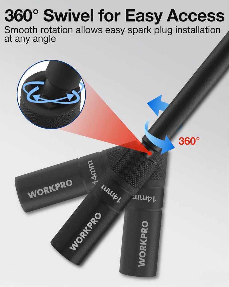 WORKPRO 14MM Swivel Magnetic Spark Plug Socket â€“ 12-Point, 1mm Thin Wall Socket, 360Â° Swivel, 3/8" Drive x 12", Black Phosphate Finish, Anti-Slip Knurled Grip - Image 5