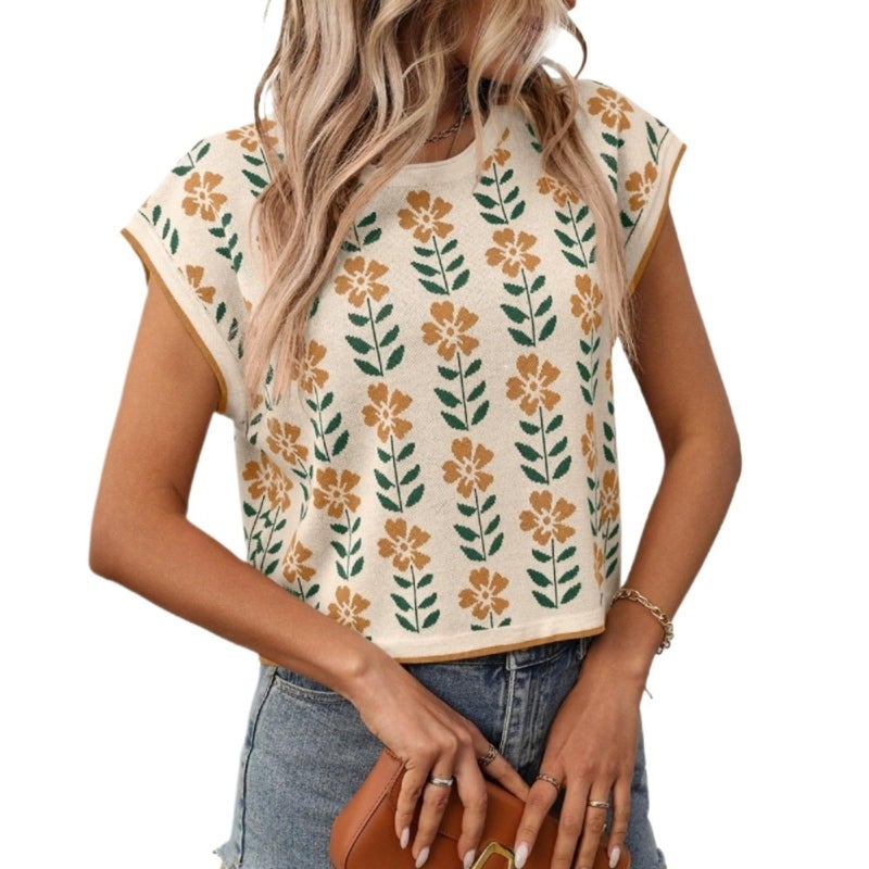 Sumleno Womens Spring Trendy Crop Tops Crew Neck Cap Sleeve Cute Flower Knit Sweater Summer Trendy Vacation Pullover Tops (Apricot,Medium) - Image 1