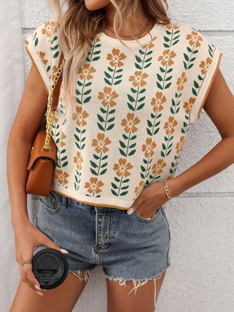 Sumleno Womens Spring Trendy Crop Tops Crew Neck Cap Sleeve Cute Flower Knit Sweater Summer Trendy Vacation Pullover Tops (Apricot,Medium) - Image 5