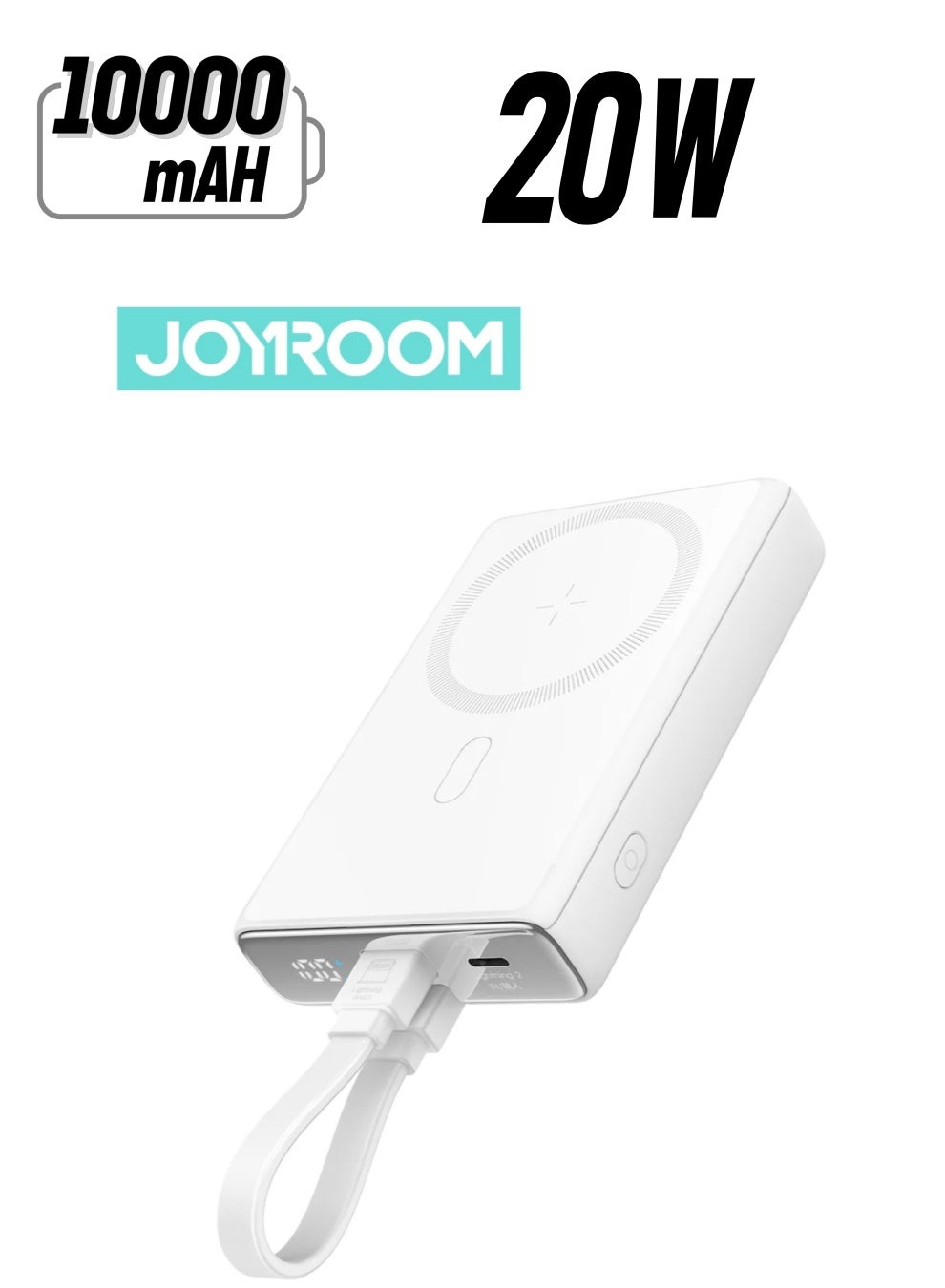 10000 mAh 20W Magnetic Wireless Fast Charing Power Bank – 10000mAh Built-In USB-C/Lightning Cable, Kickstand, Digital Display, Dual Fast Charging (Wired & Wireless), For iPhone 16 15 14 and below, iPad Series, Samsung 25/24 and below, Xiaomi, Honor, Lenovo, Motorola, Over Heat Resistant - CE Certified White