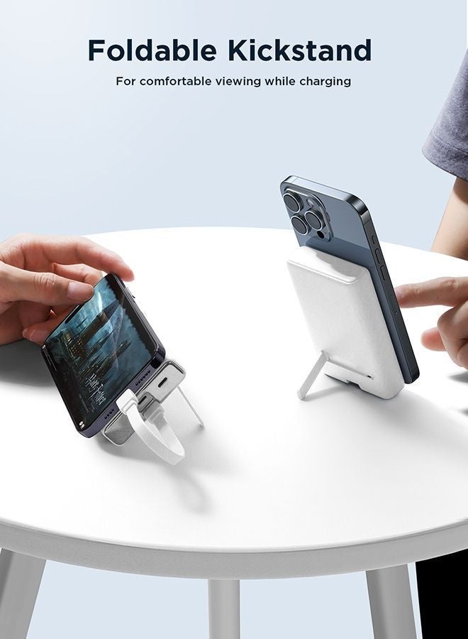 JOYROOM 10000 mAh JR-PBM01 PD 20W Power Bank Magnetic Wireless Charger With Built-in Cable And Kickstand - White - Image 5